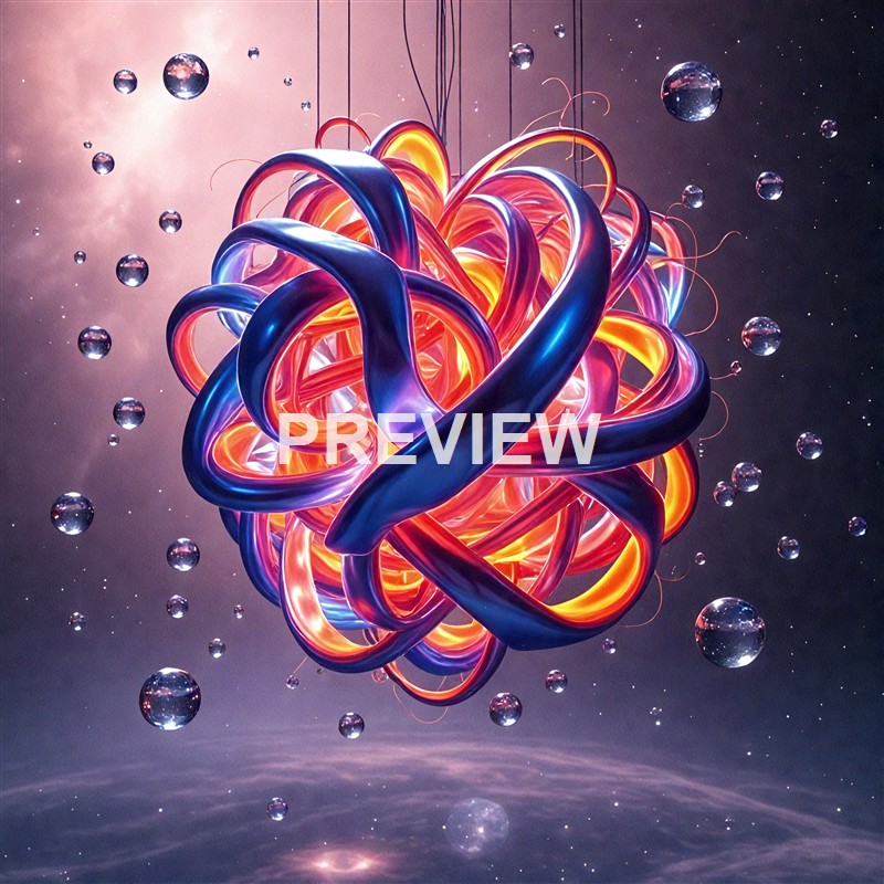 A vibrant, abstract digital art piece featuring a luminous, tangled, and glowing 3D knot with swirling ribbons of blue, orange, and yellow, floating amidst small reflective spheres in a cosmic background.